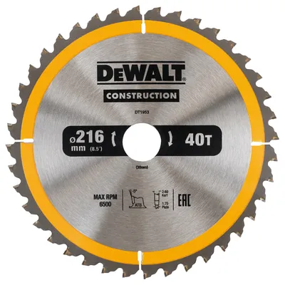 Диск циркулярен за рязане DeWALT на дърво фино напречно надлъжно с HM пластини  216 мм, 30 мм, 2.6 мм, 40 z, Construction