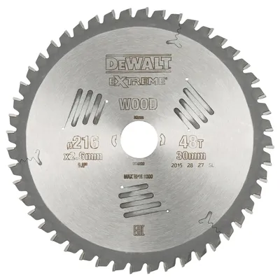Диск циркулярен за рязане DeWALT на дърво фино напречно надлъжно с HM пластини 216 мм, 30 мм, 2.6 мм, 48 z, Extreme