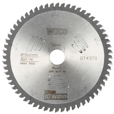 Диск циркулярен за рязане DeWALT на дърво фино напречно надлъжно с HM пластини 216 мм, 30 мм, 2.6 мм, 60 z, Extreme