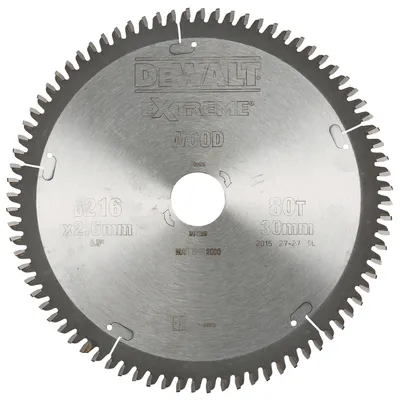 Диск циркулярен за рязане DeWALT на дърво фино напречно надлъжно с HM пластини 216 мм, 30 мм, 2.6 мм, 80 z, Extreme