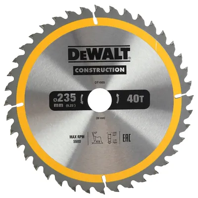 Диск циркулярен за рязане DeWALT на дърво фино напречно надлъжно с HM пластини 235 мм, 30 мм, 2.6 мм, 40 z, Construction