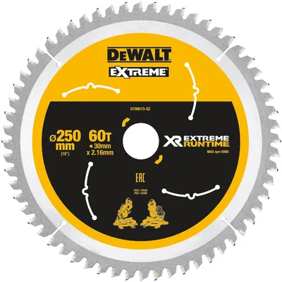 Диск циркулярен за рязане DeWALT на дърво фино напречно надлъжно с HM пластини  250 мм, 30 мм, 2.16 мм, 60 z, Extreme Runtime