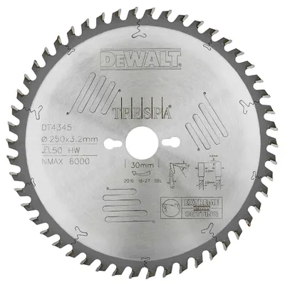 Диск циркулярен за рязане DeWALT на дърво фино напречно надлъжно с HM пластини 250 мм, 30 мм, 3.2 мм, 50 z, Extreme