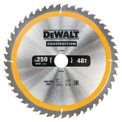 Диск циркулярен за рязане DeWALT на дърво фино напречно надлъжно с HM пластини 250 мм, 30 мм, 3 мм, 48 z, Construction