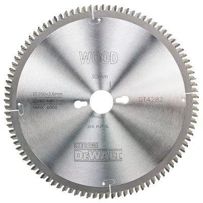 Диск циркулярен за рязане DeWALT на дърво фино напречно надлъжно с HM пластини 250 мм, 30 мм, 3 мм, 96 z, Extreme