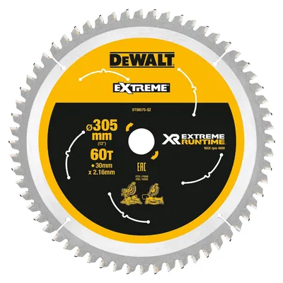 Диск циркулярен за рязане DeWALT на дърво фино напречно надлъжно с HM пластини 305 мм, 30 мм, 2.16 мм, 60 z, Extreme Runtime