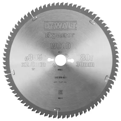 Диск циркулярен за рязане DeWALT на дърво фино напречно надлъжно с HM пластини 305 мм, 30 мм, 2.6 мм, 80 z, Extreme