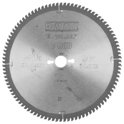 Диск циркулярен за рязане DeWALT на дърво фино напречно надлъжно с HM пластини 305 мм, 30 мм, 3 мм, 96 z, Extreme