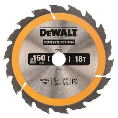 Диск циркулярен за рязане DeWALT на дърво фино напречно с HM пластини 160 мм, 20 мм, 1.5 мм, 30 z, Construction