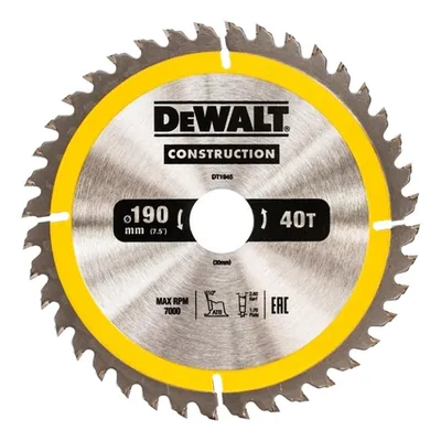 Диск циркулярен за рязане DeWALT на дърво фино напречно с HM пластини  190 мм, 30 мм, 1.7 мм, 40 z, Construction