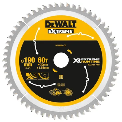Диск циркулярен за рязане DeWALT на дърво фино напречно с HM пластини 190 мм, 30 мм, 60 z, Extreme