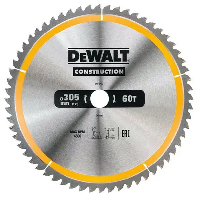 Диск циркулярен за рязане DeWALT на дърво фино напречно с HM пластини  305 мм, 30 мм, 2 мм, 60 z, Construction