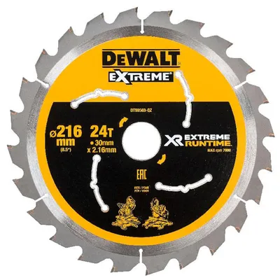 Диск циркулярен за рязане DeWALT на дърво грубо напречно с HM пластини 216 мм, 30 мм, 2.16 мм, 24 z, Extreme Runtime