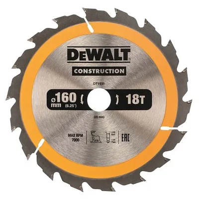 Диск циркулярен за рязане DeWALT на дърво грубо с HM пластини 160 мм, 20 мм, 1.5 мм, 18 z, Construction