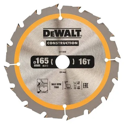 Диск циркулярен за рязане DeWALT на дърво грубо с HM пластини 165 мм, 20 мм, 1.2 мм, 24 z, Construction