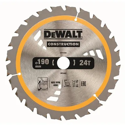 Диск циркулярен за рязане DeWALT на дърво грубо с HM пластини 190 мм, 30 мм, 1.2 мм, 24 z, Construction