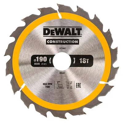 Диск циркулярен за рязане DeWALT на дърво грубо с HM пластини 190 мм, 30 мм, 1.7 мм, 18 z, Construction