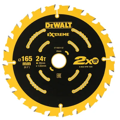 Диск циркулярен за рязане DeWALT на дърво напречно надлъжно с HM пластини 165 мм, 20 мм, 1.6 мм, 24 z, Extreme