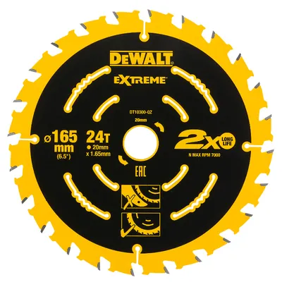Диск циркулярен за рязане DeWALT на дърво напречно надлъжно с HM пластини 165 мм, 20 мм, 1.65 мм, 24 z, Extreme