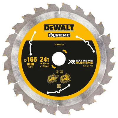 Диск циркулярен за рязане DeWALT на дърво напречно надлъжно с HM пластини 165 мм, 20 мм, 1.76 мм, 24 z, Extreme Runtime