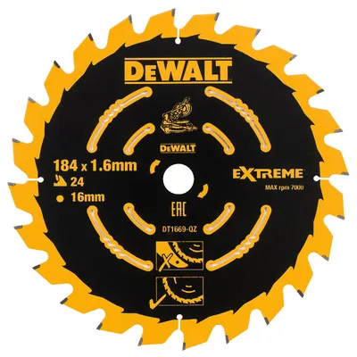 Диск циркулярен за рязане DeWALT на дърво напречно надлъжно с HM пластини 184 мм, 16 мм, 1.6 мм, 24 z, Extreme