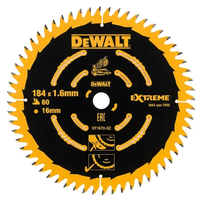 Диск циркулярен за рязане DeWALT на дърво напречно надлъжно с HM пластини 184 мм, 16 мм, 1.6 мм, 60 z, Extreme