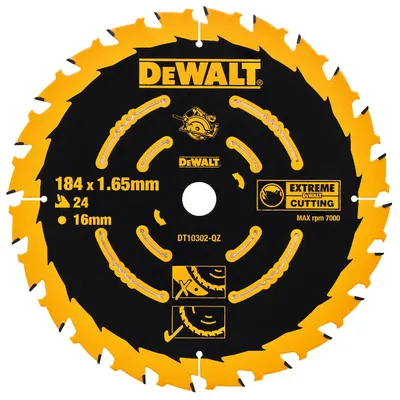 Диск циркулярен за рязане DeWALT на дърво напречно надлъжно с HM пластини 184 мм, 16 мм, 1.65 мм, 24 z, Extreme
