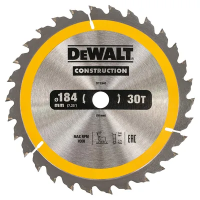 Диск циркулярен за рязане DeWALT на дърво напречно надлъжно с HM пластини 184 мм, 16 мм, 2.6 мм, 30 z, Construction