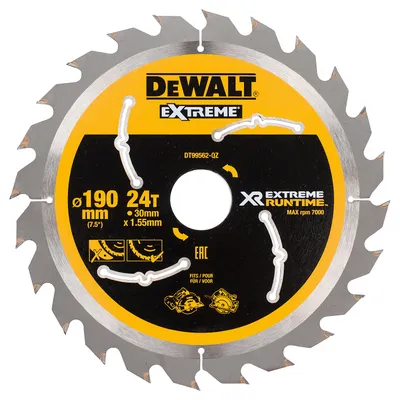 Диск циркулярен за рязане DeWALT на дърво напречно надлъжно с HM пластини 190 мм, 30 мм, 1.55 мм, 24 z, Extreme Runtime