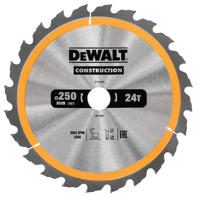 Диск циркулярен за рязане DeWALT на дърво напречно надлъжно с HM пластини 250 мм, 30 мм, 3 мм, 24 z, Construction