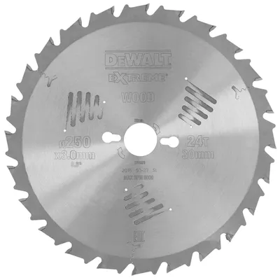 Диск циркулярен за рязане DeWALT на дърво напречно надлъжно с HM пластини  250 мм, 30 мм, 3 мм, 24 z, Extreme
