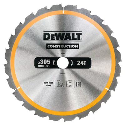 Диск циркулярен за рязане DeWALT на дърво напречно надлъжно с HM пластини 305 мм, 30 мм, 3 мм, 24 z, Construction