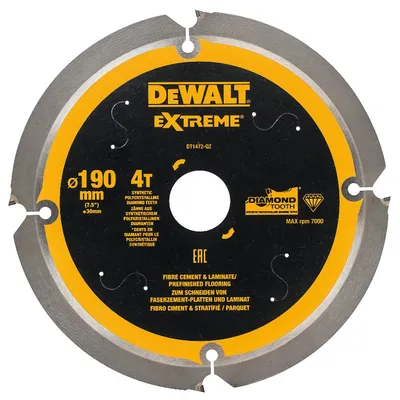 Диск циркулярен за рязане DeWALT за фиброцимент, ламинат и MDF 190 мм, 30 мм, 1.8 мм, 4 z, Extreme