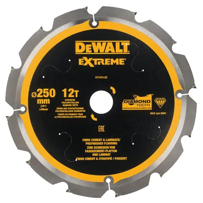 Диск циркулярен за рязане DeWALT за фиброцимент, ламинат и MDF 250 мм, 30 мм, 2.2 мм, 12 z, Extreme
