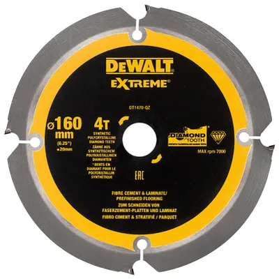 Диск циркулярен за рязане DeWALT за фиброцимент, ламинат и MDF с PCD пластини 160 мм, 20 мм, 1.8 мм, 4 z, Extreme