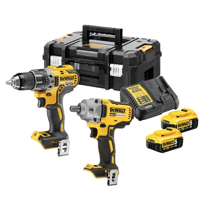Комплект акумулаторни инструменти DeWALT с 2 батерии и зарядно, DCD791, DCF894, 18 V, 5 Ah, DCK2077P2T