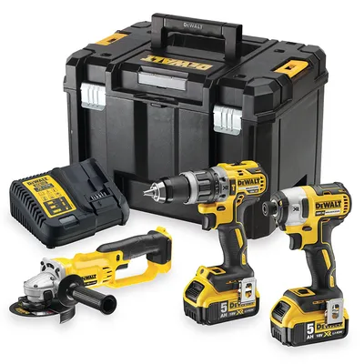 Комплект акумулаторни инструменти DeWALT  с 2 батерии и зарядно, DCD796, DCF887, DCG412, 18 V, 5 Ah, DCK383P2T