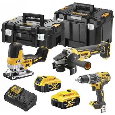 Комплект акумулаторни инструменти DeWALT с 2 батерии и зарядно, DCD796, DCG405, DCS335, 18 V, 5 Ah, DCK329P2T