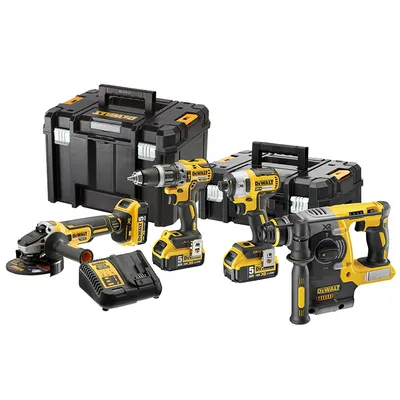 Комплект акумулаторни инструменти DeWALT с 3 батерии и зарядно, DCD796, DCF887, DCG405, DCH273, 18 V, 5 Ah, DCK422P3T