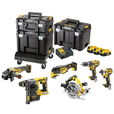 Комплект акумулаторни инструменти DeWALT с 3 батерии и зарядно, DCD796, DCF887, DCG405, DCH273, DCS355, DCS570, 18 V, 5 Ah, DCK685P3T