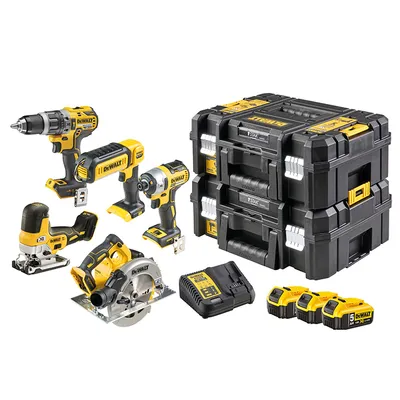 Комплект акумулаторни инструменти DeWALT с 3 батерии и зарядно, DCD796, DCF887, DCS335, DCS570, DCL050, 18 V, 5 Ah, DCK500P3T