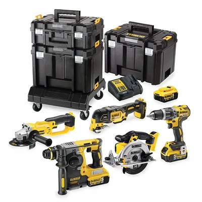 Комплект акумулаторни инструменти DeWALT  с 3 батерии и зарядно, DCD796, DCF887, DCS355, DCG412, DCS391, DCH273, 18 V, 5 Ah, DCK654P3T