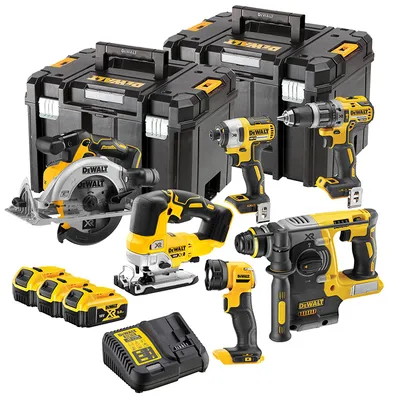 Комплект акумулаторни инструменти DeWALT с 3 батерии и зарядно, DCD796, DCF887, DCS565, DCS334, DCH273, DCL040, 18 V, 5 Ah, DCK690P3T