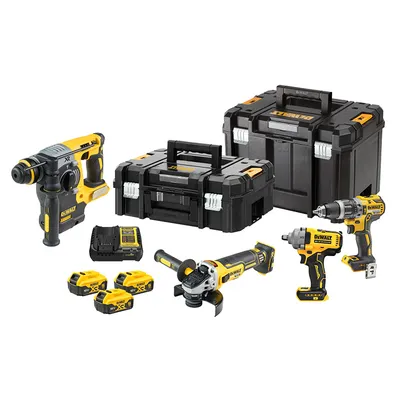 Комплект акумулаторни инструменти DeWALT с 3 батерии и зарядно, DCD796N, DCF891N, DCH273N, DCG405N, 18 V, 5 Ah, DCK428P3T