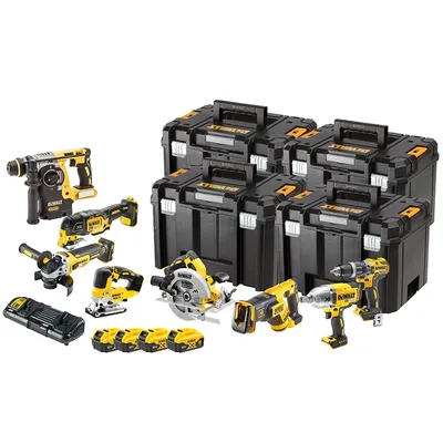 Комплект акумулаторни инструменти DeWALT с 4 батерии и зарядно, DCD796, DCF889H, DCG405, DCH273, DCS355, DCS367, DCS570, DCS334, 18 V, 5 Ah, DCK865P4T