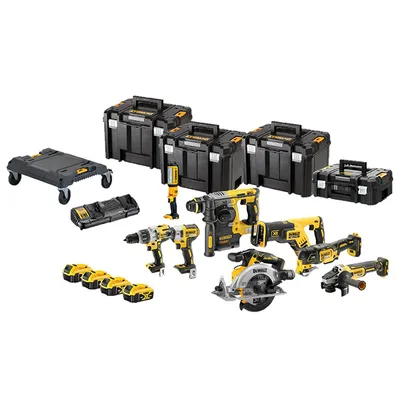 Комплект акумулаторни инструменти DeWALT с 4 батерии и зарядно, DCD996, DCF887, DCG405, DCH273, DCS356, DCS367, DCS565, DCL040, 18 V, 5 Ah, DCK853P4T