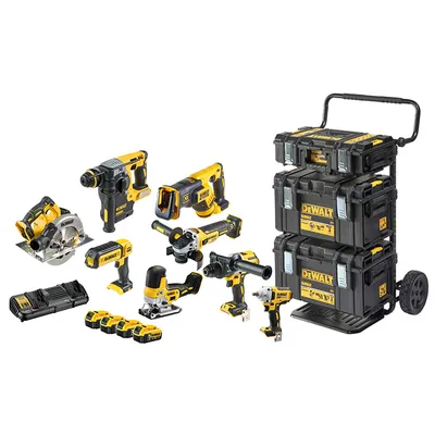 Комплект акумулаторни инструменти DeWALT с 4 батерии и зарядно, DCD996, DCF894, DCG405, DCH273, DCS335, DCS367, DCS570, DCL050, 18 V, 5 Ah, DCK856P4