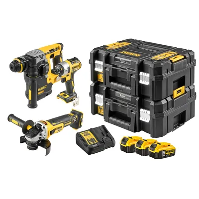 Комплект DeWALT акумулаторни инструменти с 3 батерии и зарядно, DCF887, DCH273, DCG405, 18 V, 5 Ah, DCK305P3T