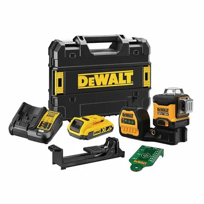 Линеен лазерен нивелир DeWALT с 3 лъча   с 1 батерия и зарядно, 18 V, 2 Ah, 35 м, 70 м, 0.3 мм/м, DCE089D1G18