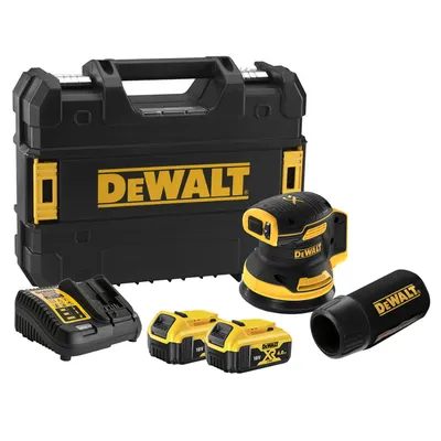 Акумулаторен орбитален шлайф DeWALT с плавно регулиране  с 2 батерии и зарядно, 18 V, 5 Ah, ф 125 мм, 8000-12 000 об./мин, DCW210P2